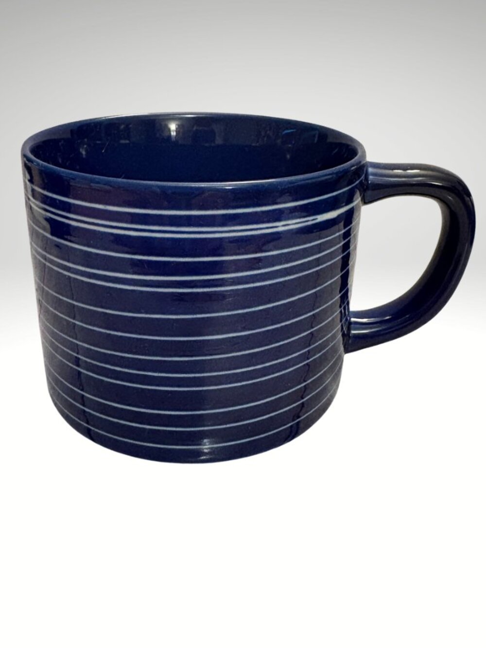 Indigo Navy Blue White Striped Mug Coastal Modern Ceramic Coffee Cup (SKU:215MI)
